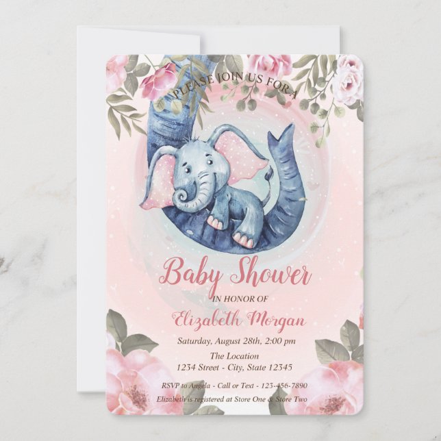 Adorable Baby Elephant Floral Dots Baby Shower Invitation (Front)