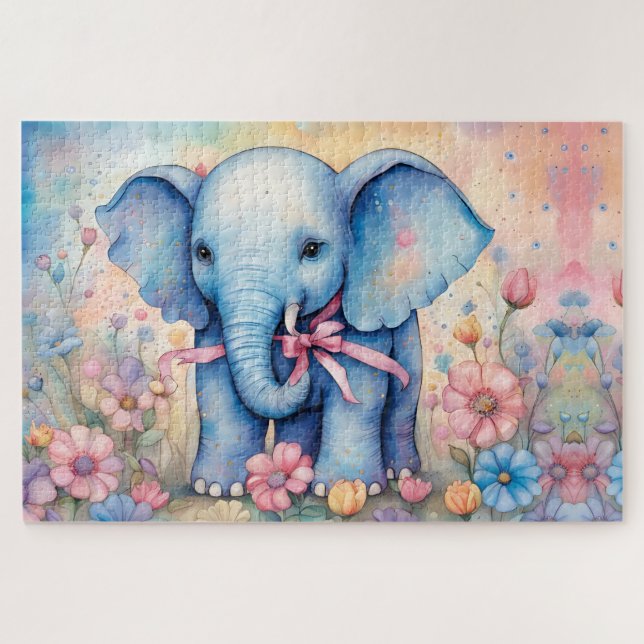 Adorable Baby Elephant In a Pastel Garden Jigsaw Puzzle (Horizontal)