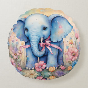 Adorable Baby Elephant In a Pastel Garden Round Pillow