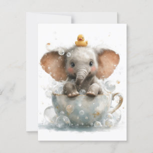 Adorable Baby Elephant in Teacup with Rubber Duck Postcard