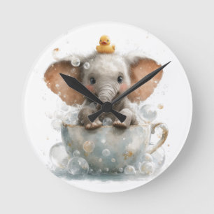 Adorable Baby Elephant in Teacup with Rubber Duck Round Clock