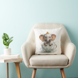 Adorable Baby Elephant in Teacup with Rubber Duck  Throw Pillow