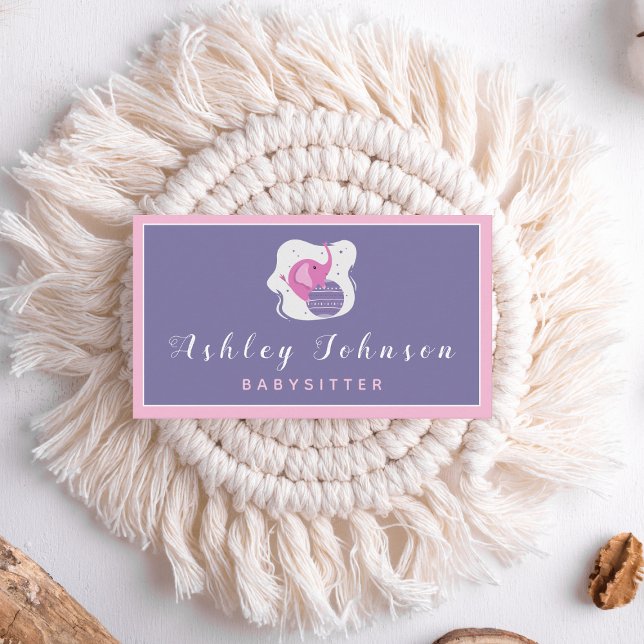 Adorable Baby Elephant Pink & Purple Babysitter Business Card (Creator Uploaded)