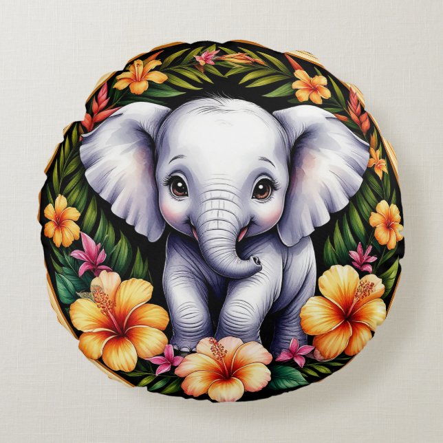 Adorable Baby Elephant Round Pillow (Front)