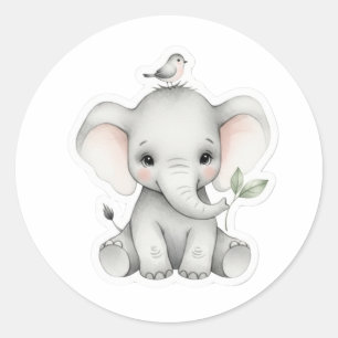 Adorable Baby Elephant with Bird and Leaf Classic Round Sticker