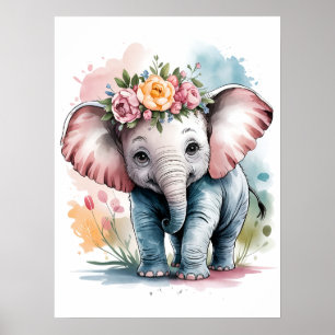  Adorable Baby Elephant with Floral Crown  Poster