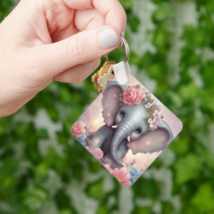 Adorable Baby Elephant with Flowers Keychain