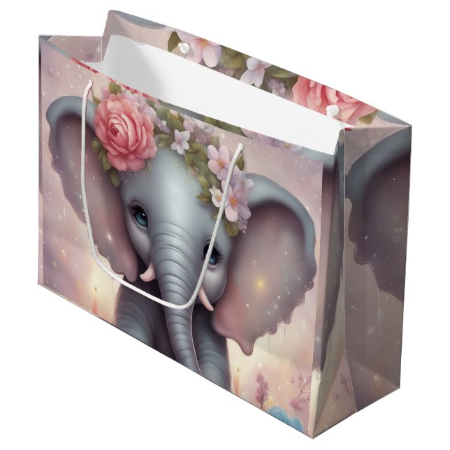 Adorable Baby Elephant with Flowers Large Gift Bag (Front Angled)