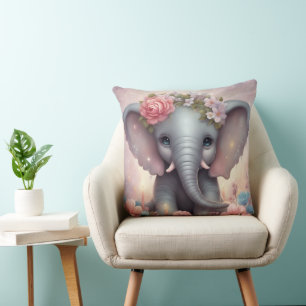 Adorable Baby Elephant with Flowers Throw Pillow