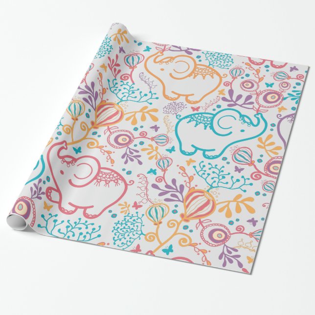 Adorable Baby Elephants And Flowers Wrapping Paper (Unrolled)