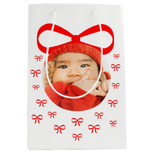 Adorable Baby First Christmas Photo with Red Bows Medium Gift Bag