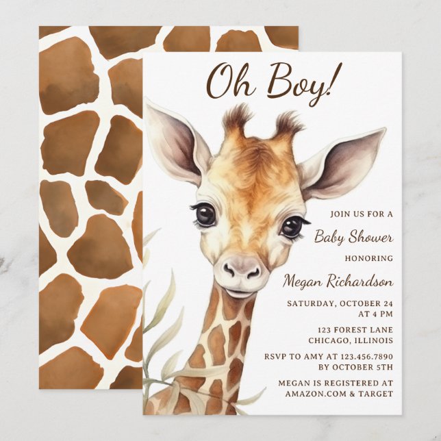 Adorable Baby Giraffe Oh Boy Baby Shower Invitation (Front/Back)