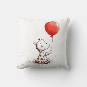 Adorable Baby Giraffe with Red Balloon Throw Pillow