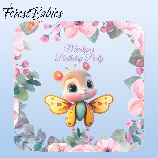 Adorable Baby Girl Butterfly Kid Birthday Party  Square Paper Coaster (Butterfly Girl 🦋 Pink Floral 🌸 ForestBabies Customizable Birthday Party Square Coaster)
