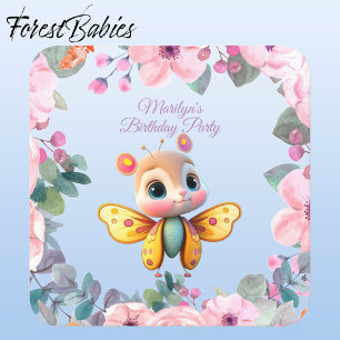 Adorable Baby Girl Butterfly Kid Birthday Party Square Sticker