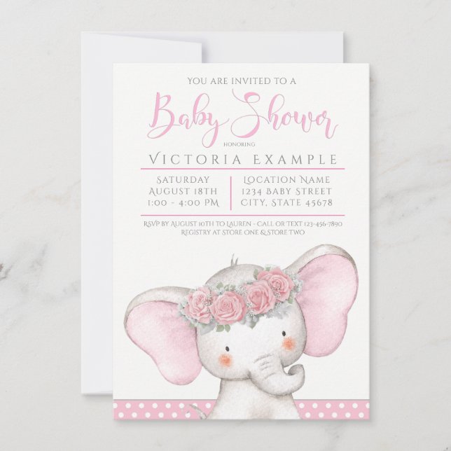 Adorable Baby Girl Elephant Baby Shower Invitation (Front)