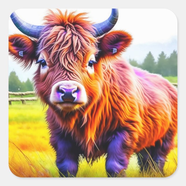 Adorable Baby Highland Cow on a Farm Square Sticker (Front)