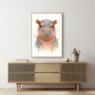 Adorable Baby Hippo Watercolor Art Poster