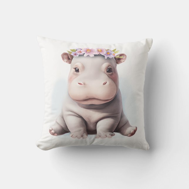 Adorable Baby Hippopotamus Throw Pillow (Front)