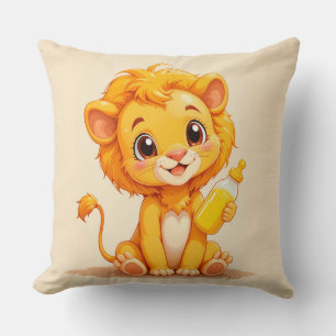 Adorable Baby Lion Holding Bottle Throw Pillow
