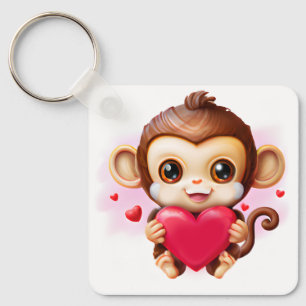 Adorable Baby Monkey Holding a Red Heart Keychain