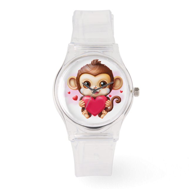 Adorable Baby Monkey Holding a Red Heart Watch (Front)