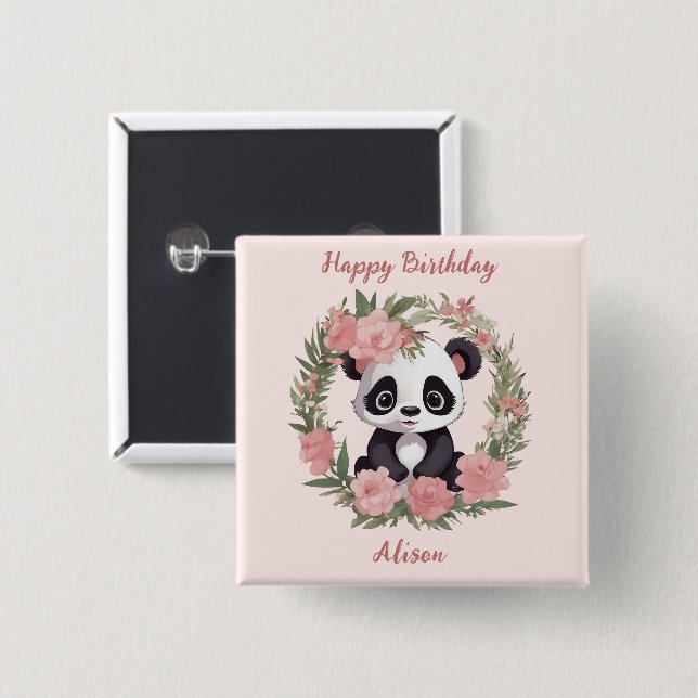 Adorable Baby Panda Bear with Flowers 2 Inch Square Button (Front & Back)