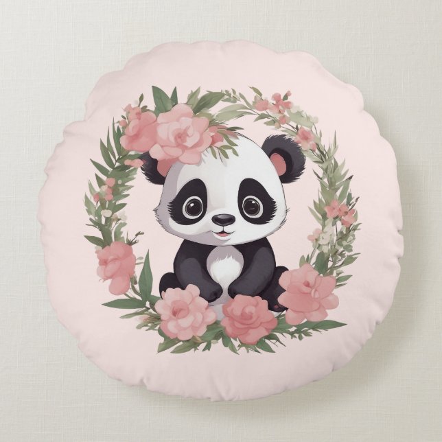 Adorable Baby Panda Bear with Flowers Round Pillow (Front)