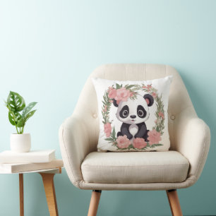 Adorable Baby Panda Bear with Flowers Throw Pillow