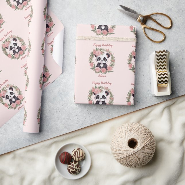 Adorable Baby Panda Bear with Flowers Wrapping Paper (Crafts)