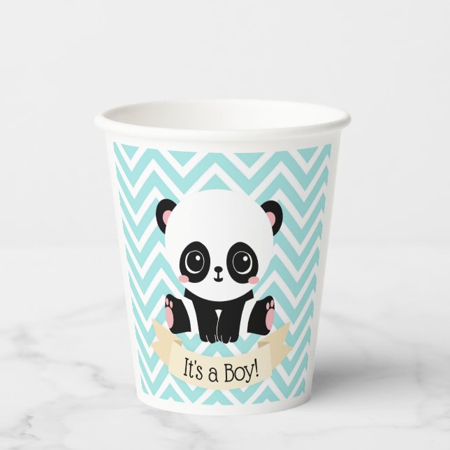 Adorable Baby Panda Blue Baby Shower Paper Cups (Front)