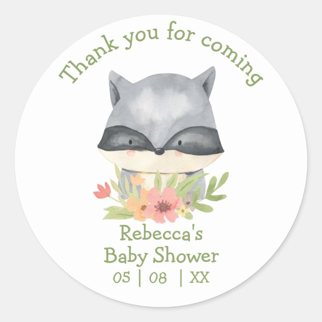 Adorable Baby Raccoon Baby Shower Thank You Classi Classic Round Sticker (Front)