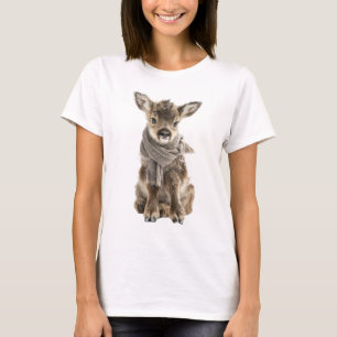 Adorable Baby Reindeer Wearing Cozy Scarf T-Shirt