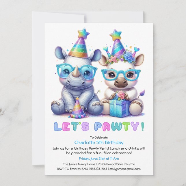 Adorable Baby Rhino Birthday – Blue Glitter Invitation (Front)