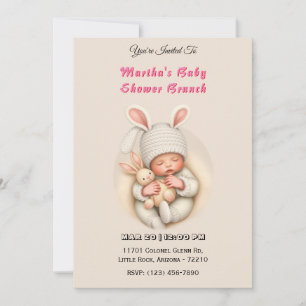 Adorable Baby Sleeping in Bunny Hat with Plush Toy Invitation