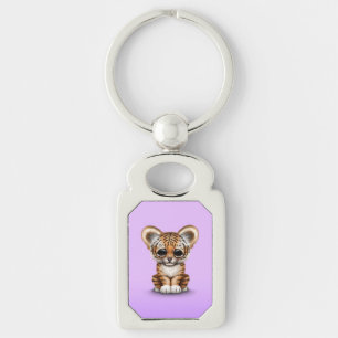 Adorable Baby Tiger Cub on Purple Keychain