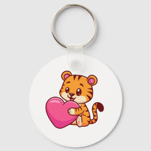 Adorable Baby Tiger Hugging a Heart Keychain