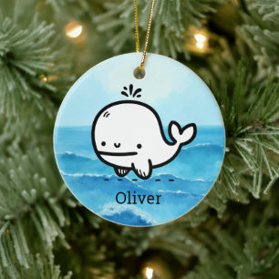 Adorable Baby Whale - Kawaii Sea Creature Line Art Ceramic Ornament