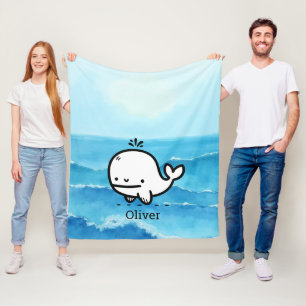 Adorable Baby Whale - Kawaii Sea Creature Line Art Fleece Blanket
