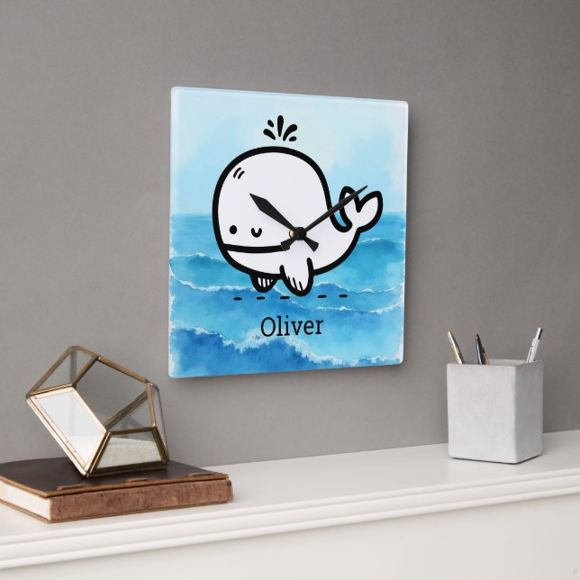 Adorable Baby Whale - Kawaii Sea Creature Line Art Square Wall Clock (Office)
