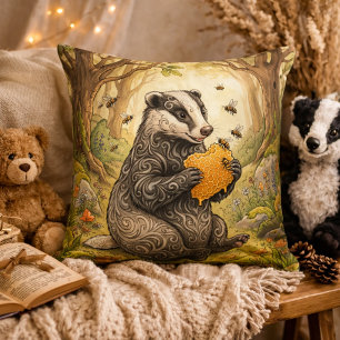 Adorable Badger Eating Honey Forest Animals Throw Pillow