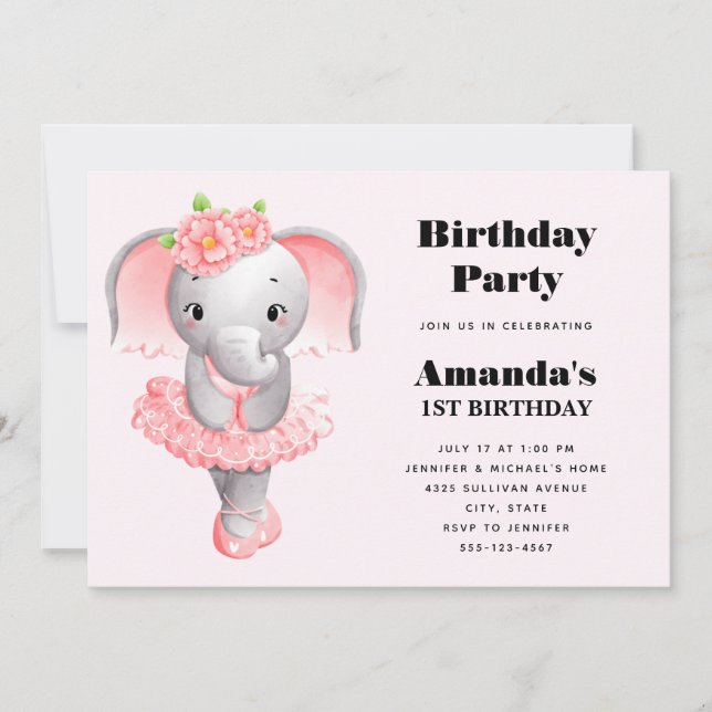 Adorable Ballerina Elephant En Pointe Birthday Invitation (Front)