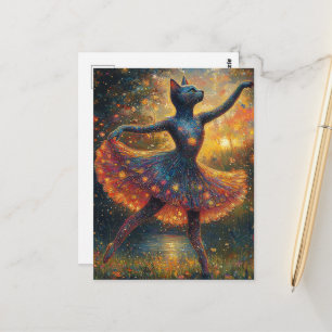 Adorable Ballerina Kitty in a Field of Fireflies Postcard