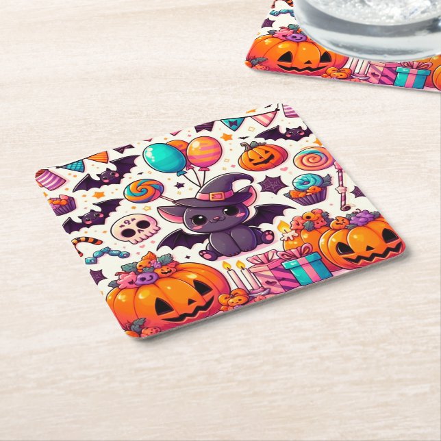 Adorable bat kawaii halloween square paper coaster (Angled)
