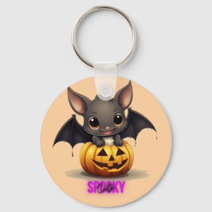 Adorable Bat on Pumpkin Cute Halloween Decor 2024 Keychain