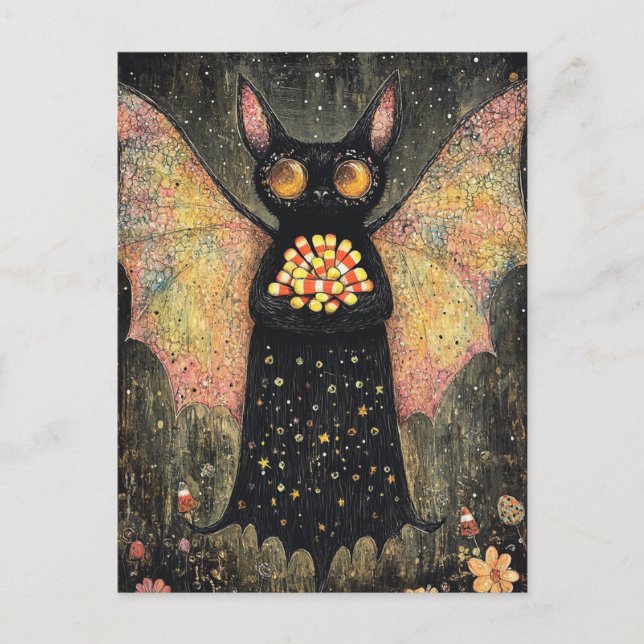 Adorable Bat with Candy Corn Halloween Postcard (Front)