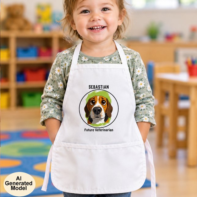 Adorable Beagle Replaceable Art Template Kids Apron (AI generated child wearing a replaceable image and template text apron. )