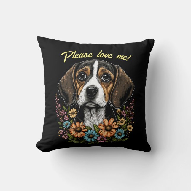 Adorable Beagle Throw Pillow & Customizable Text (Front)