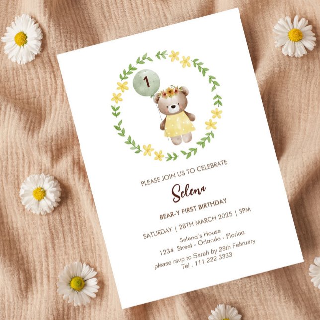 Adorable Bear Birthday Invitation for Girls – Cute (Bear First Birthday Invitation)