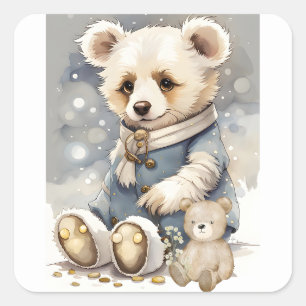 Adorable Bear Coat and Scarf with Teddy Bear Buddy Square Sticker